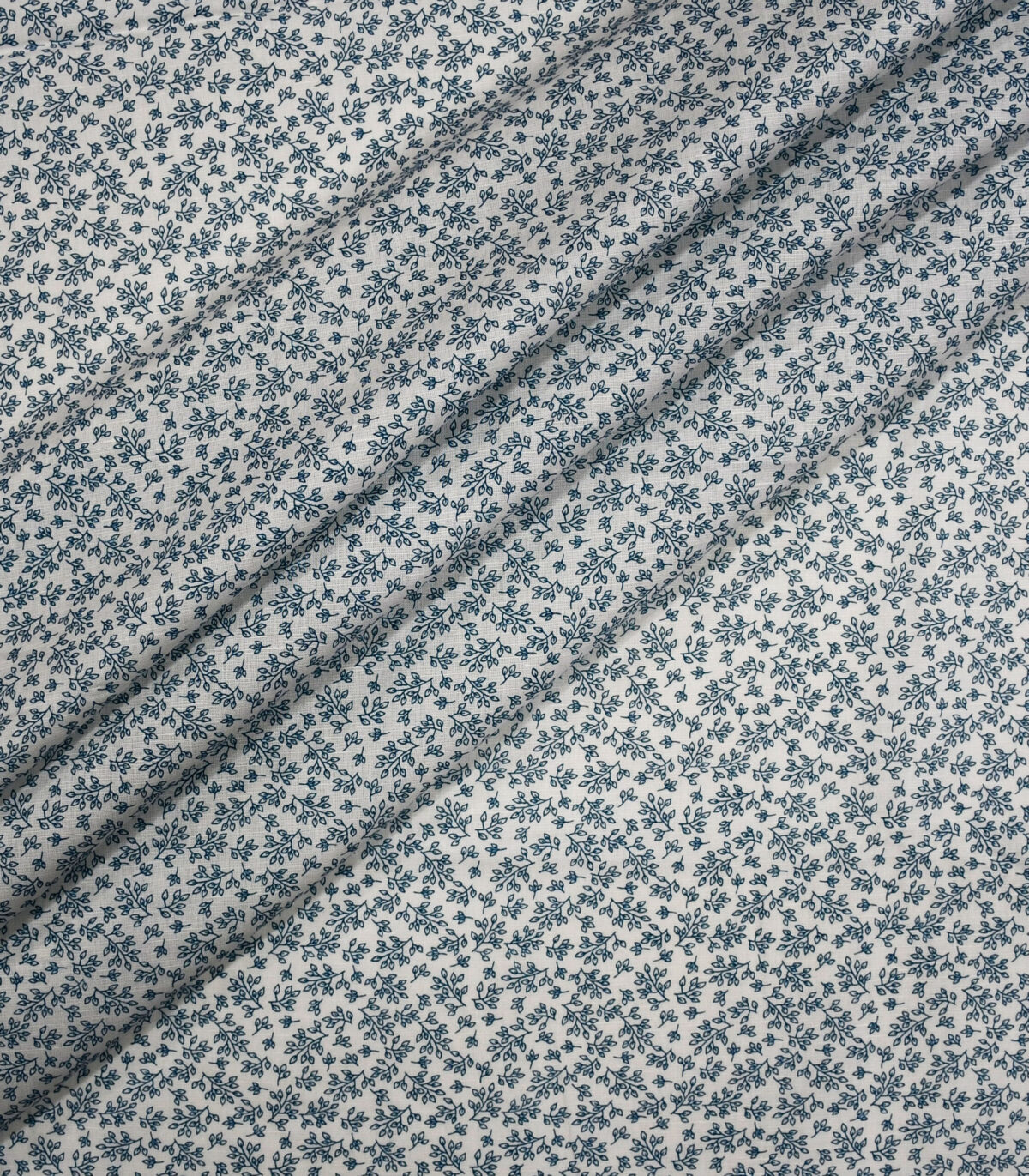 Cotton Linen White Base Blue Leaf Print Fabric
