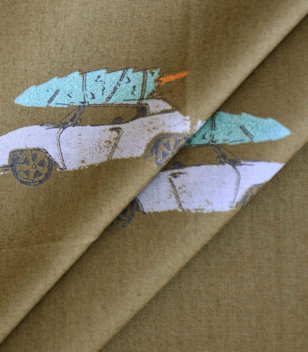 Cotton Olive Base Car Print Fabric