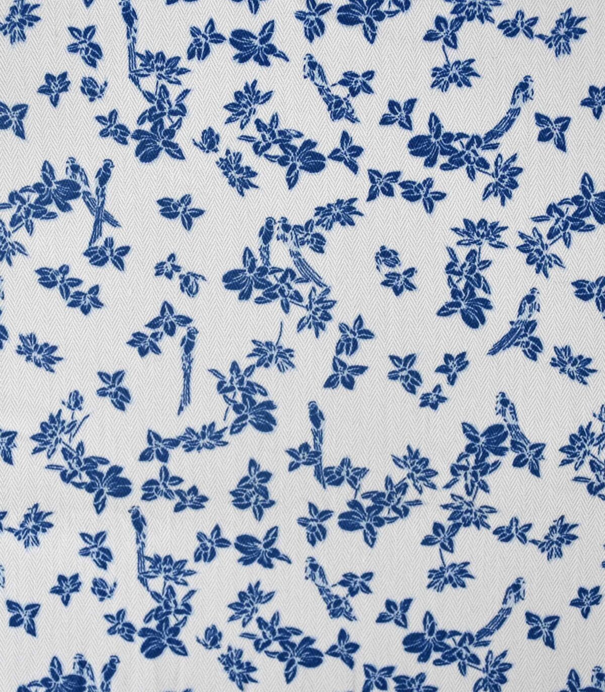 White Navy Flower Print Herringbone Fabric