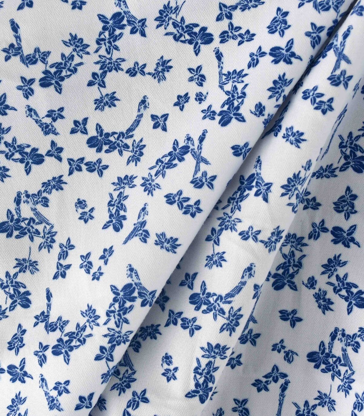 White Navy Flower Print Herringbone Fabric