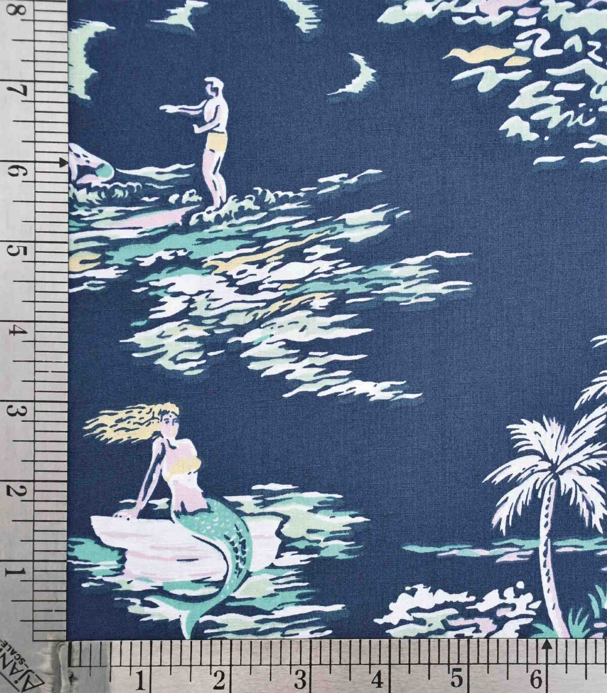 Cotton Blue Base Mermaid Print Fabric