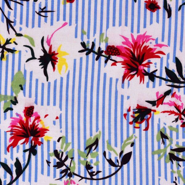 Viscose Blue Stripe Flower Print Fabric