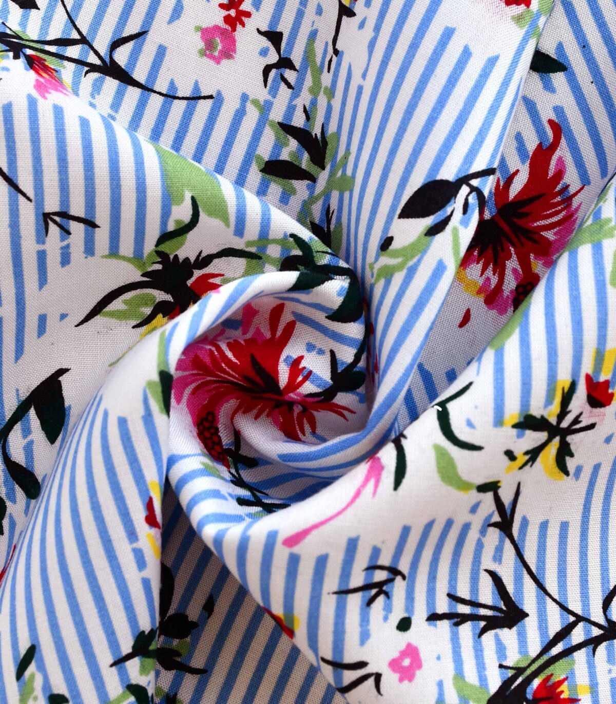 Viscose Blue Stripe Flower Print Fabric