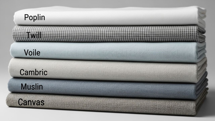 different types of cotton woven fabrics arranged and labeled showing texture variations