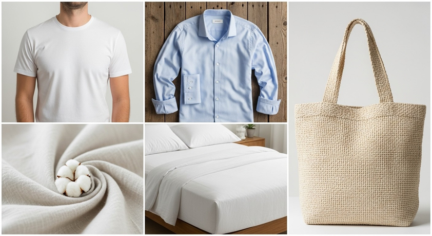 collage showing versatile uses of cotton woven fabric in clothing and home items