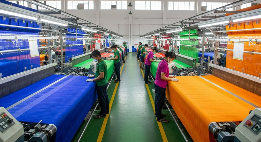 textile factory production line showing cotton woven fabric manufacturing process